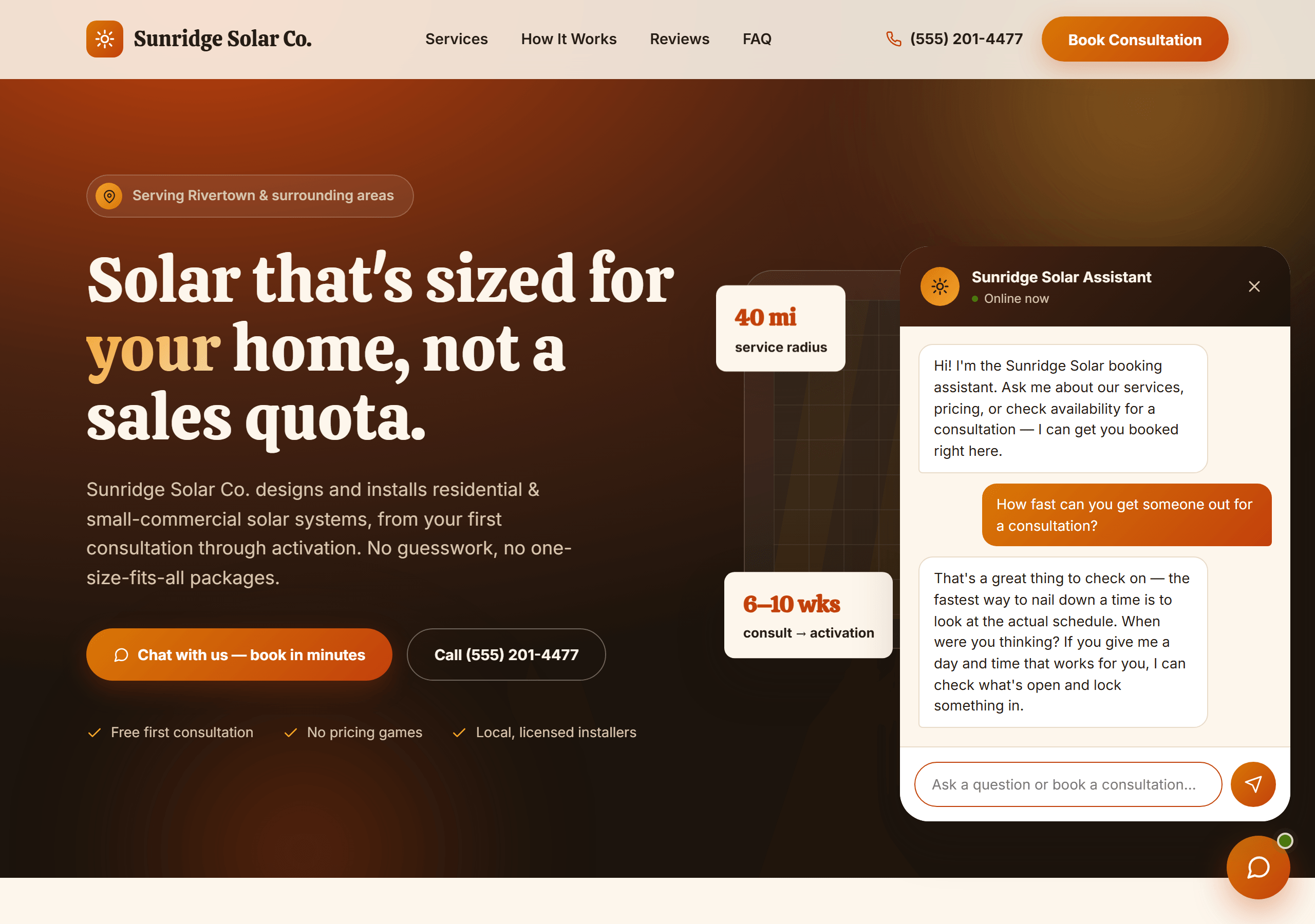 An example AI Landing Page we built for a fictional solar company, with a live AI chat agent open and answering a real question about booking a consultation