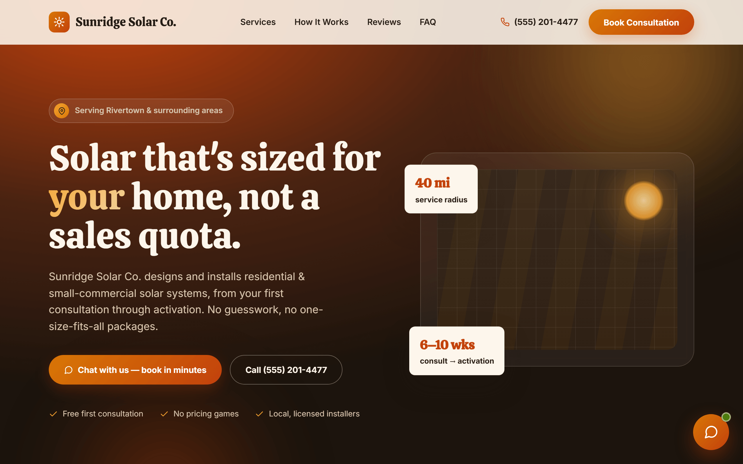 An example AI landing page we built for a fictional solar company, with a live AI chat agent on the page